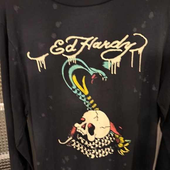 Ed Hardy X Christian Audigier Long Sleeve Black Splatter Tee Shirt Sz Small - Picture 2 of 11